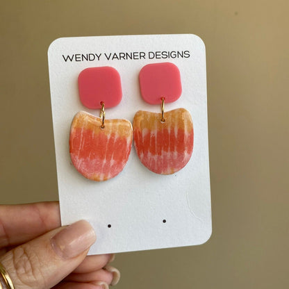 Spring and Summer tie dye design pink / orange / yellow polymer clay dangle earrings