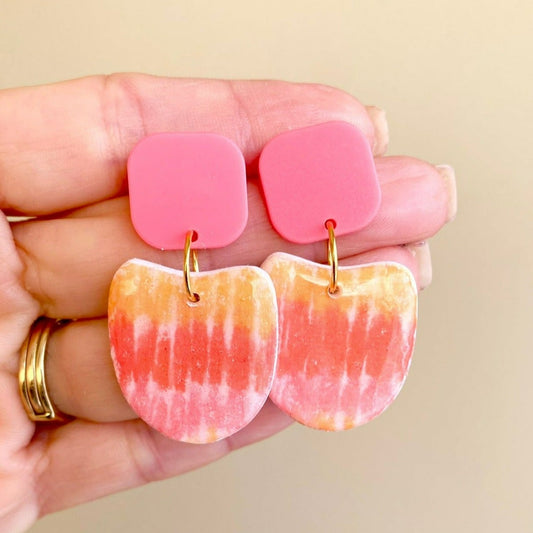 Spring and Summer tie dye design pink / orange / yellow polymer clay dangle earrings