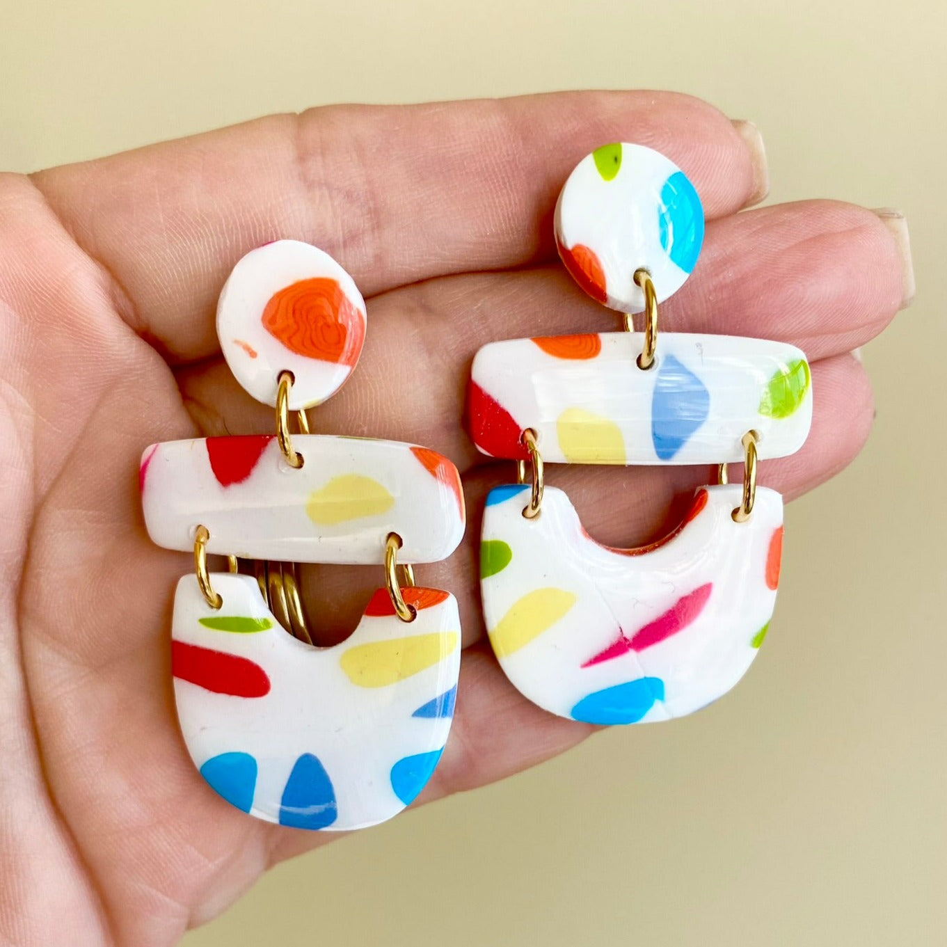 Multi-color playful rainbow polymer clay dangle earrings