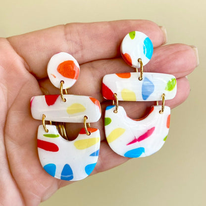 Multi-color playful rainbow polymer clay dangle earrings