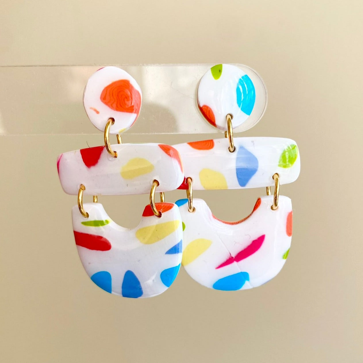 Multi-color playful rainbow polymer clay dangle earrings