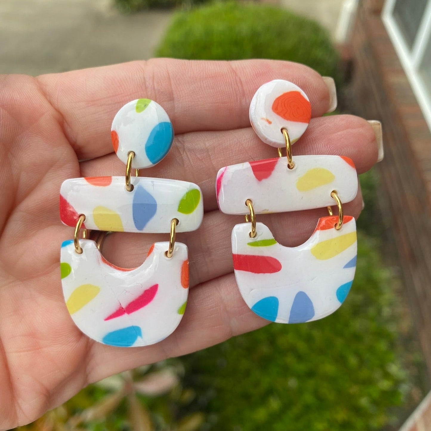 Multi-color playful rainbow polymer clay dangle earrings