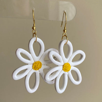 White flower daisy polymer clay dangle earrings