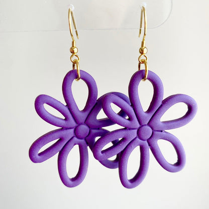 Eggplant colored flower daisy polymer clay dangle earrings