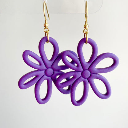 Eggplant colored flower daisy polymer clay dangle earrings