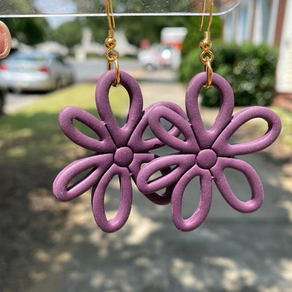 Eggplant colored flower daisy polymer clay dangle earrings