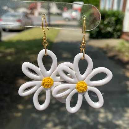 White flower daisy polymer clay dangle earrings