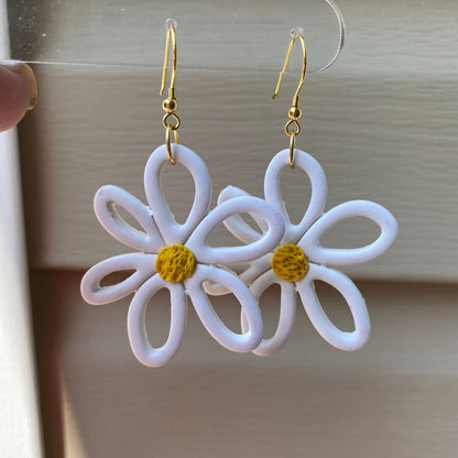 White flower daisy polymer clay dangle earrings