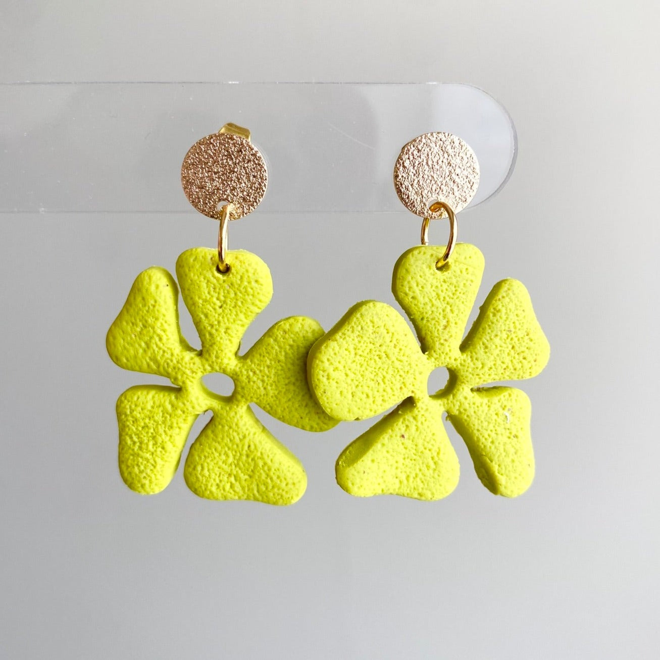 Citron yellow hibiscus flower polymer clay dangle earrings