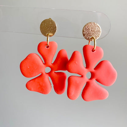 Mandarin orange hibiscus flower polymer clay dangle earrings