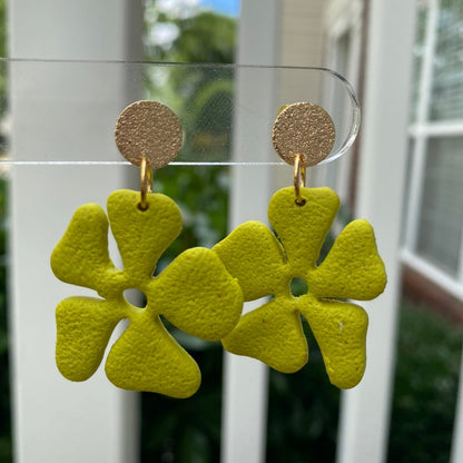 Citron yellow hibiscus flower polymer clay dangle earrings