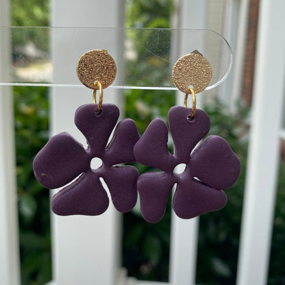 Eggplant purple hibiscus flower polymer clay dangle earrings