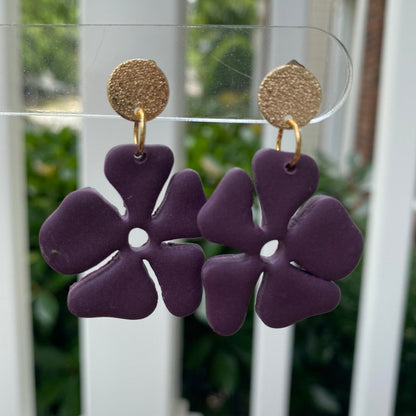 Eggplant purple hibiscus flower polymer clay dangle earrings