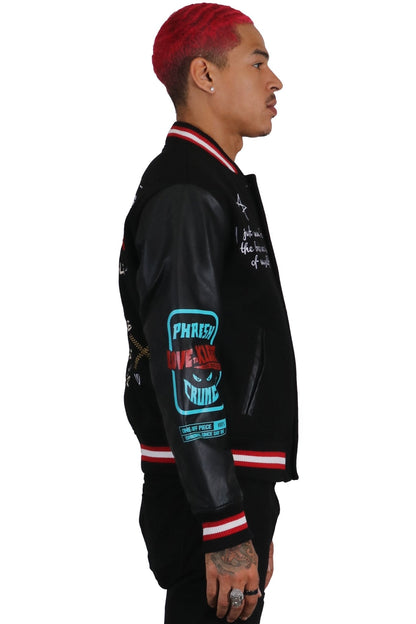 IRENE Men's Melton Body with Faux Leather Sleeve Varsity Jacket