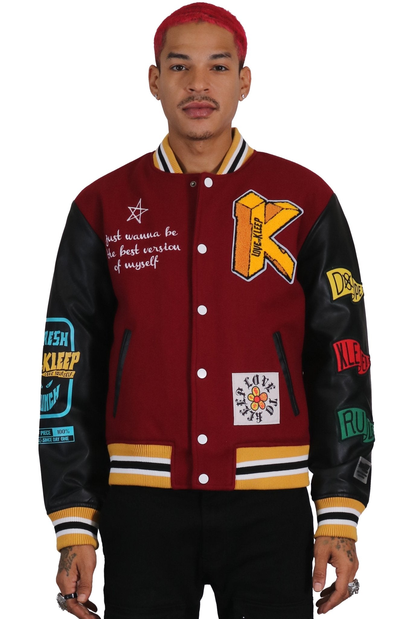 MAROON Men's Melton Body with Faux Leather Sleeve Varsity Jacket