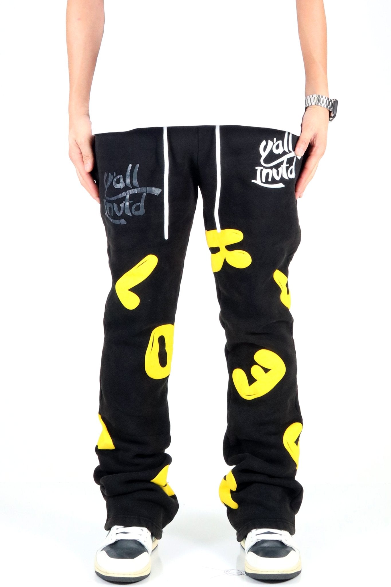 RIZA Heavy weight brushed graphic skinny flare stacked pants