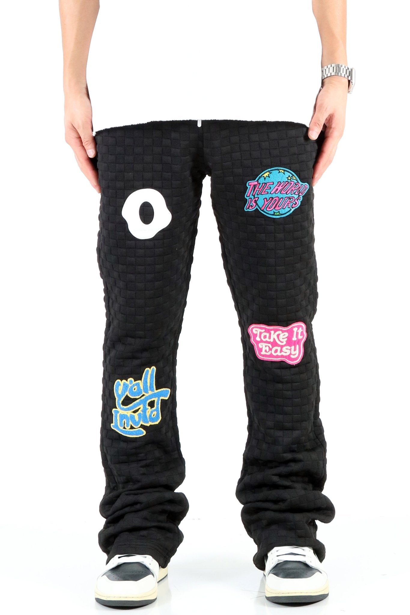 KUROI Waffle fleece graphic skinny flare stacked pants