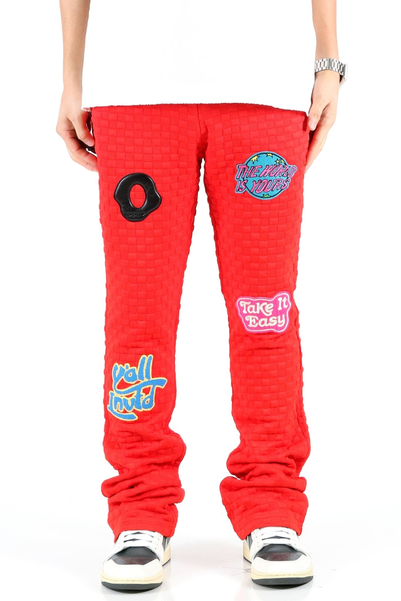 ROJO Waffle fleece graphic skinny flare stacked pants