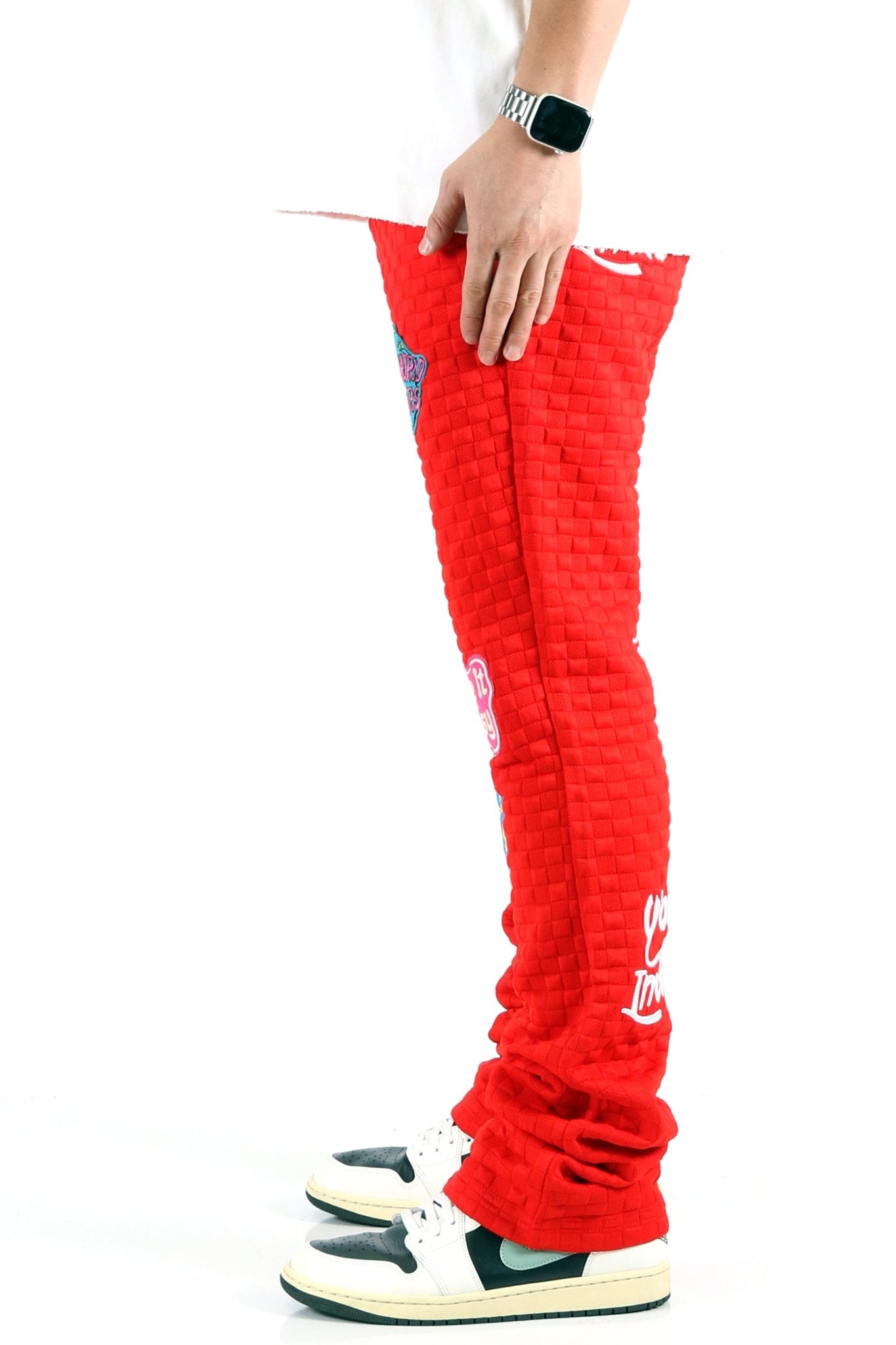 ROJO Waffle fleece graphic skinny flare stacked pants