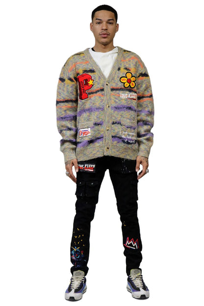 MEZZINE Men's premium sweater cardigan with embroidery & patches