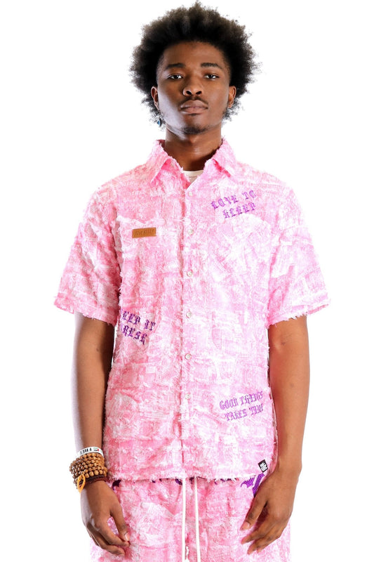 Blister Men's ripped & repaired short sleeve button down shirt