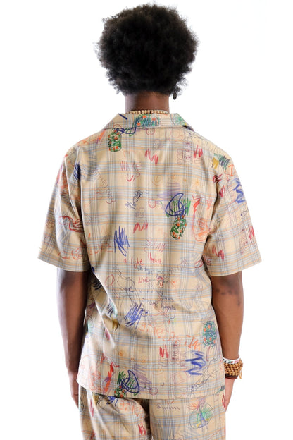 Maxis L.T.K. Men's premium Short Sleeve Plaid button down shirt with hand sketch drawing pop art