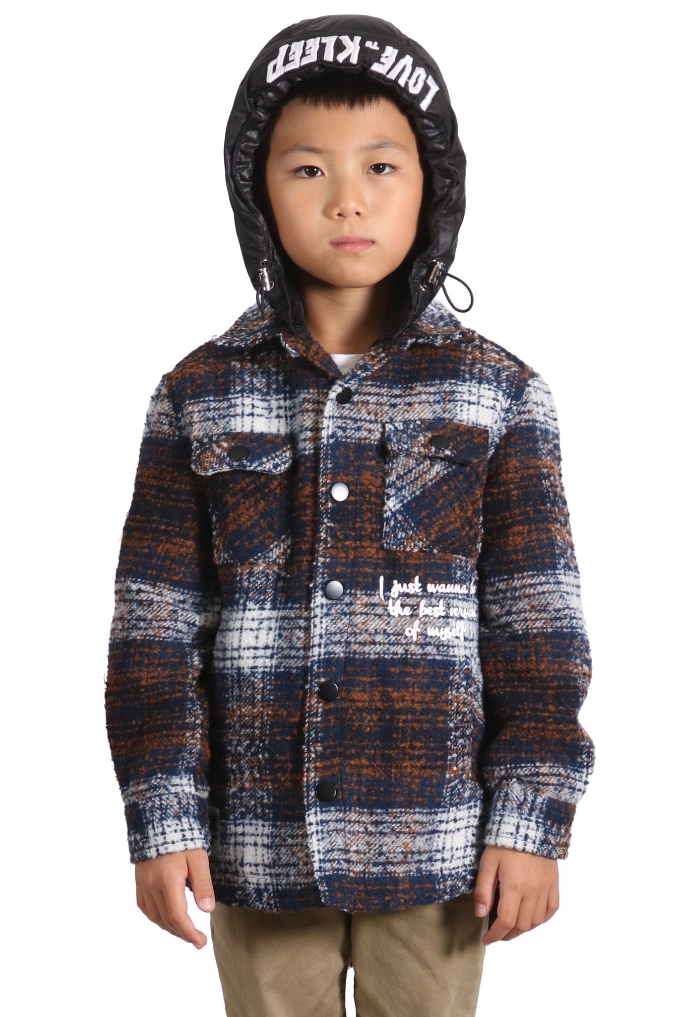 REYNA Kid's Oversize Flannel outer shirket with detachable padded cire hood