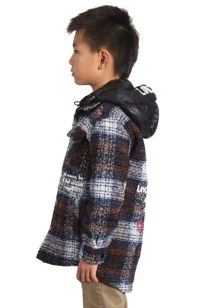 REYNA Kid's Oversize Flannel outer shirket with detachable padded cire hood