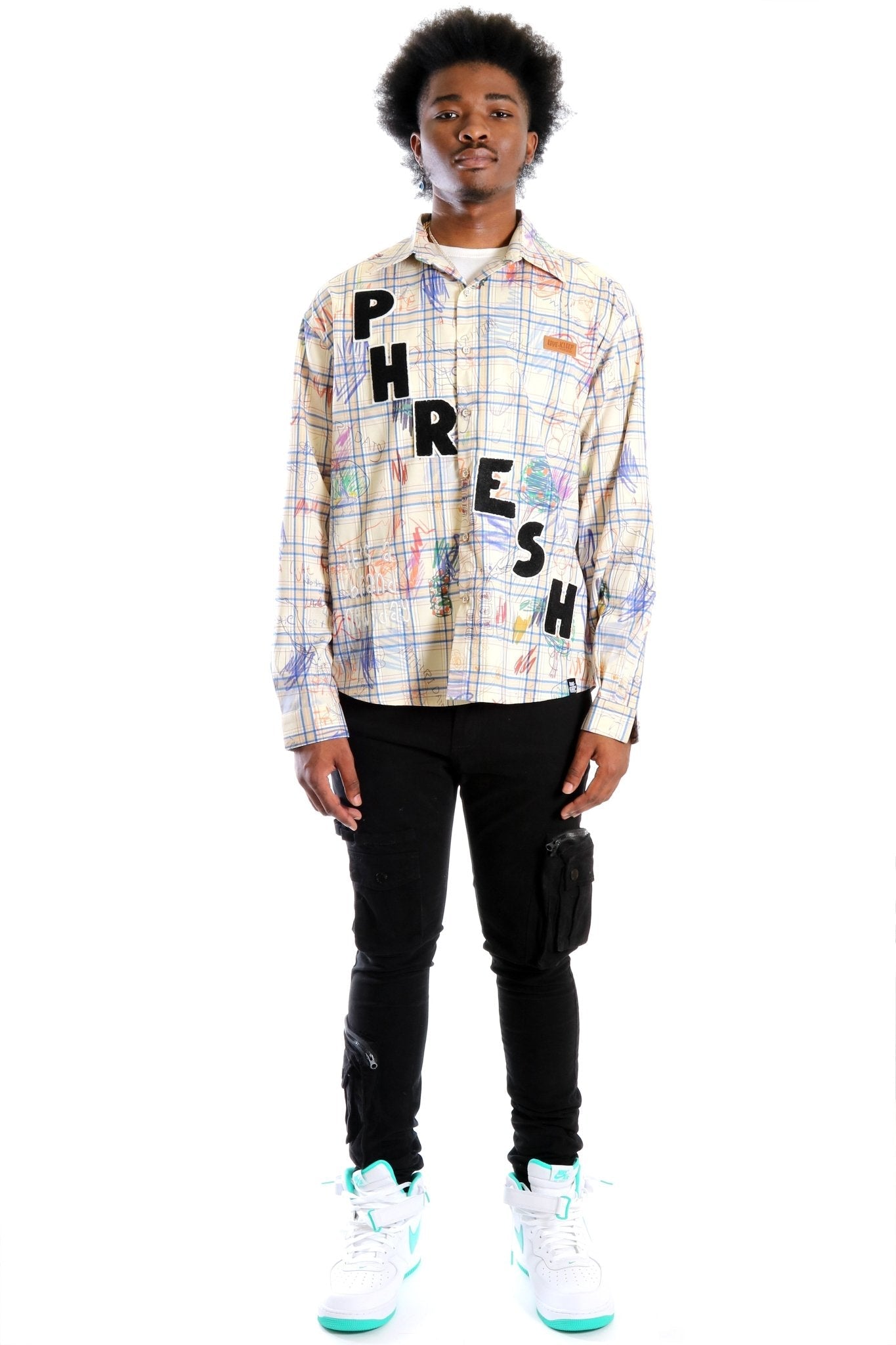 Nirve L.T.K. Men's premium Long Sleeve Plaid button down shirt with hand sketch drawing pop art