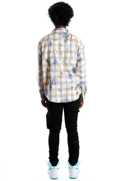 Nirve L.T.K. Men's premium Long Sleeve Plaid button down shirt with hand sketch drawing pop art