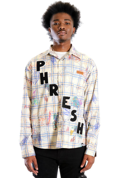 Nirve L.T.K. Men's premium Long Sleeve Plaid button down shirt with hand sketch drawing pop art