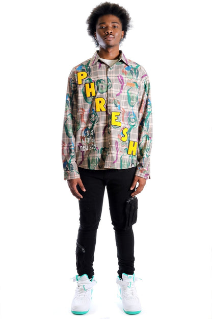 Willie L.T.K. Men's premium Long Sleeve Plaid button down shirt with hand sketch drawing pop art