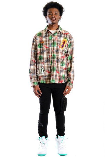 Monarch L.T.K. Men's premium Long Sleeve Plaid button down shirt with hand sketch drawing pop art