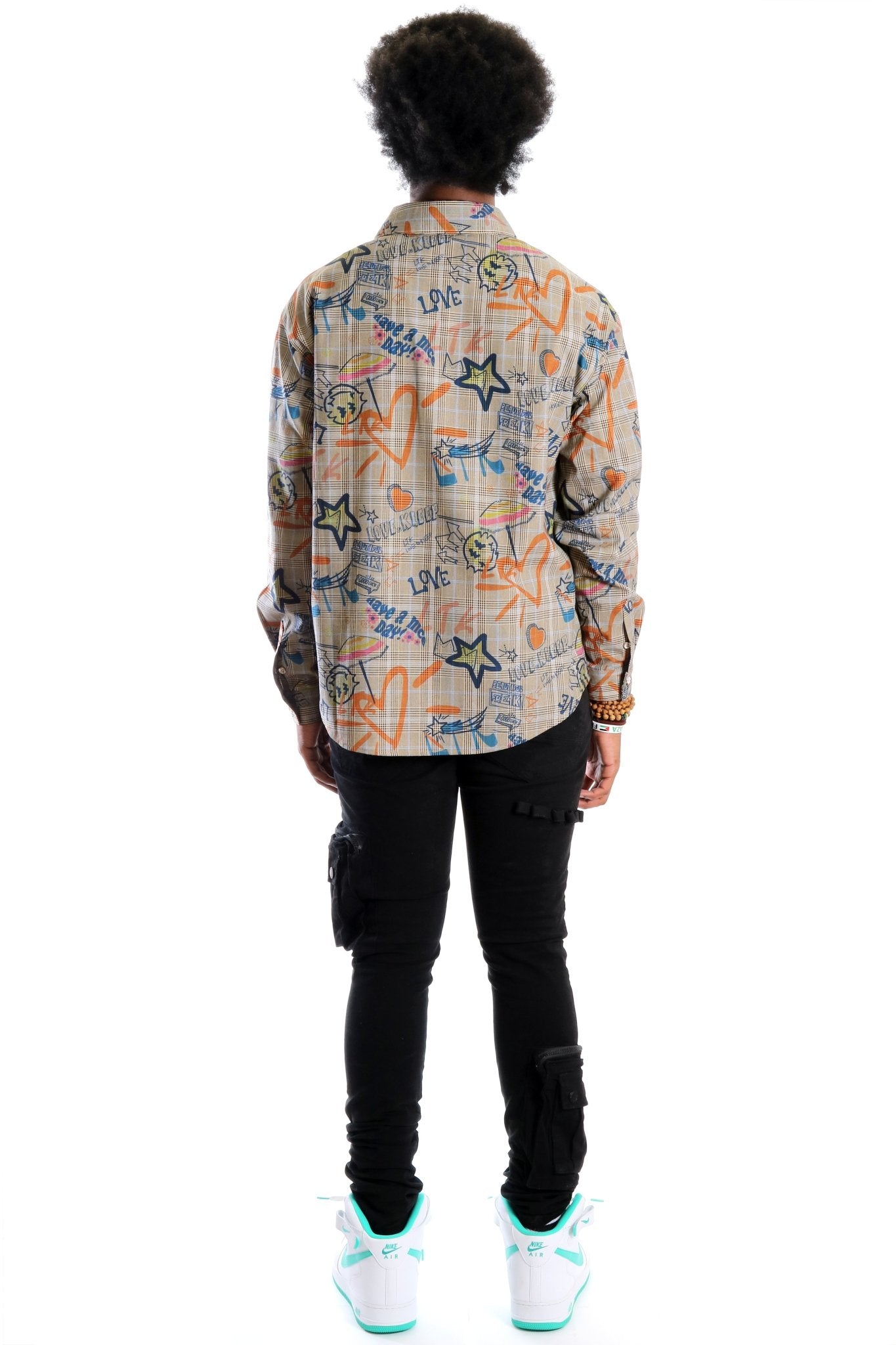 Velo L.T.K. Men's premium Long Sleeve Plaid button down shirt with hand sketch drawing pop art