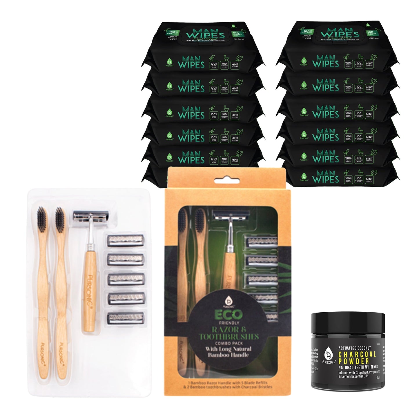 Grooming Essentials Bundle: Eco-Friendly Razor + Flushable Man Wipes + Activated Coconut Charcoal Powder