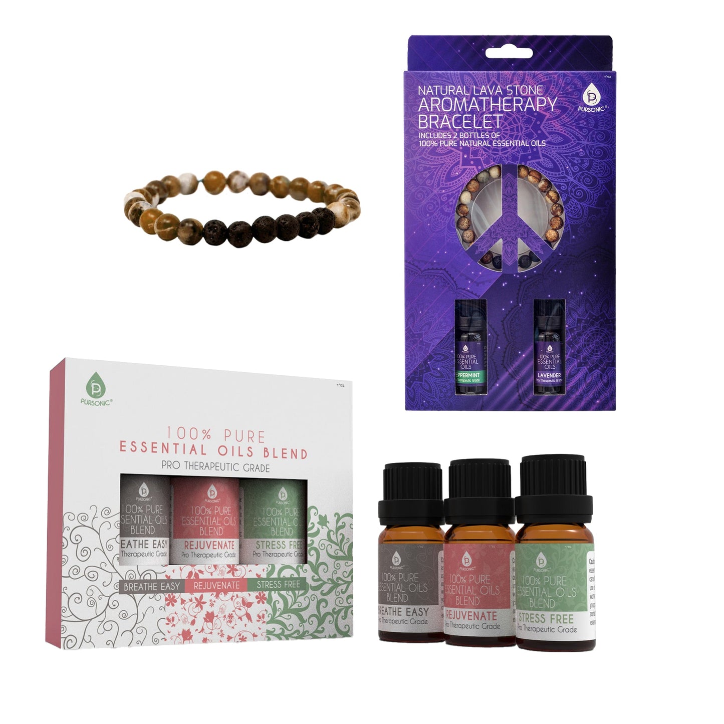 Pursonic Aromatherapy Bliss Bundle: Lava Stone Bracelet + Pure Essential Oils.