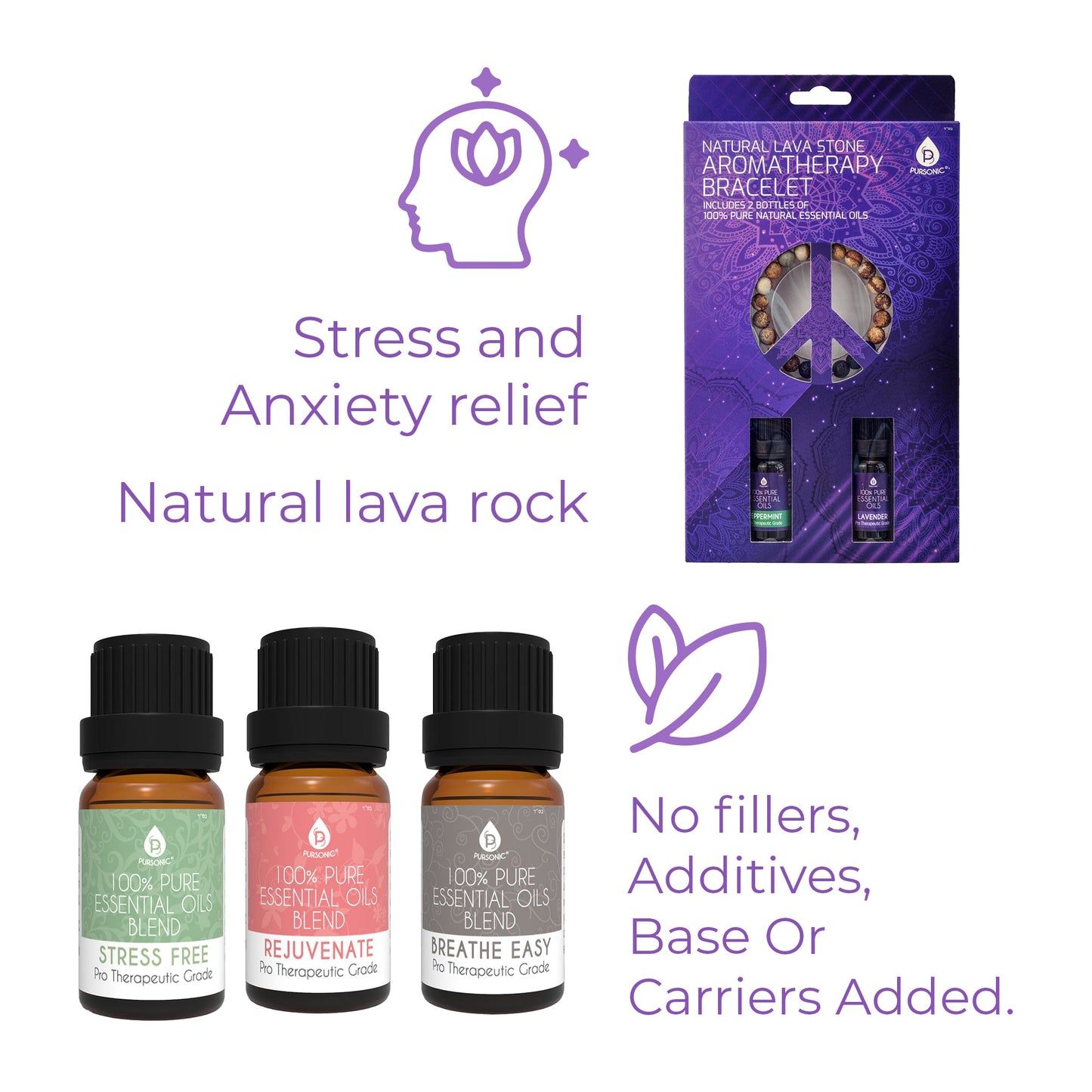 Pursonic Aromatherapy Bliss Bundle: Lava Stone Bracelet + Pure Essential Oils.