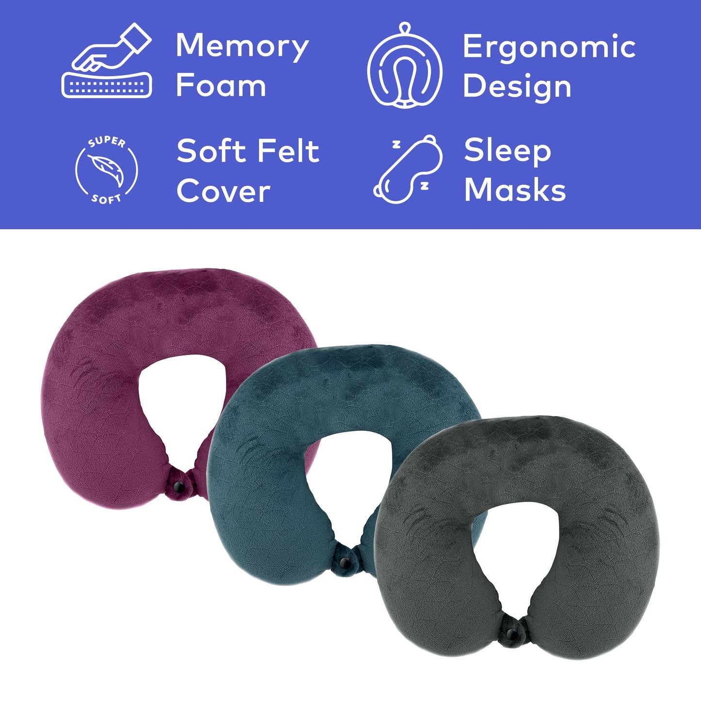 3 Memory Foam Travel Pillows with Sleep Masks by Pursonic