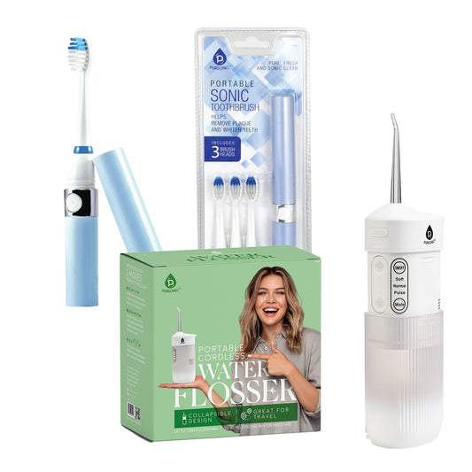 Compact Travel Oral Care Bundle: Portable USB Rechargeable Collapsible Water Flosser and Pursonic Portable Sonic Toothbrush