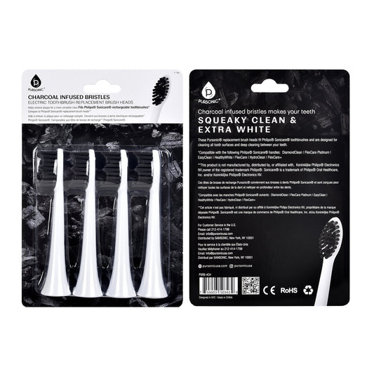 Pursonic Replacement Toothbrush Heads Charcoal Infused Bristles, Compatible with Philips Sonicare Electric Toothbrush Handles - Pack