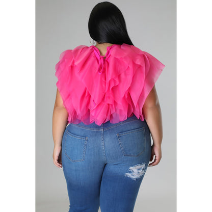 PLUS SIZE RUFFLE TULLE CROP TOP BLOUSE