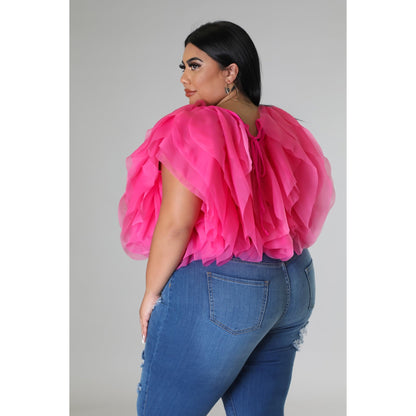 PLUS SIZE RUFFLE TULLE CROP TOP BLOUSE