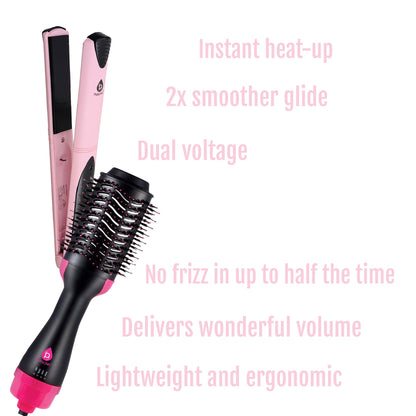 Hair Styling Power Bundle: One Step Hair Dryer & Volumizer Brush + Professional Salon Quality Flat Iron Hair Straightener With Free Travel Straightener