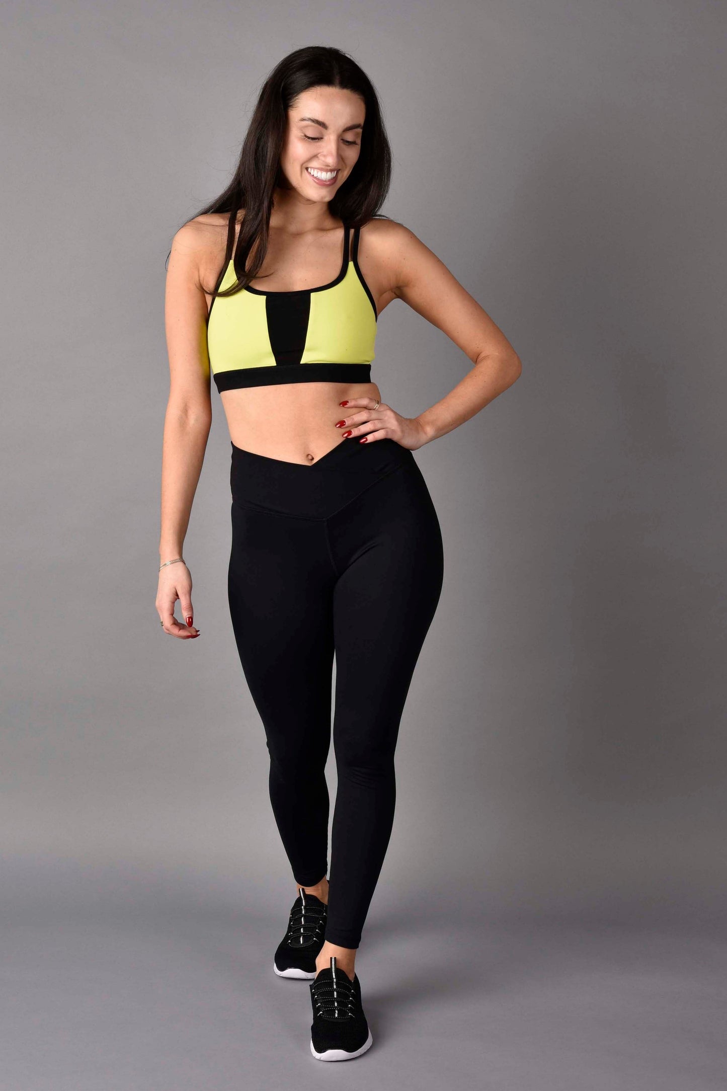 Trinity Reversible Matte Luxe Strappy Sports Bra in Neon Black Combo