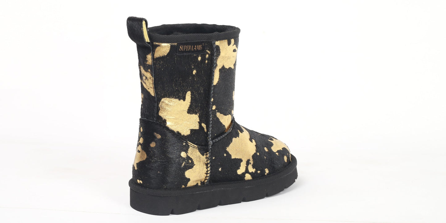 Turano 7.5 in Boot - Black & Gold Etched Cow Print