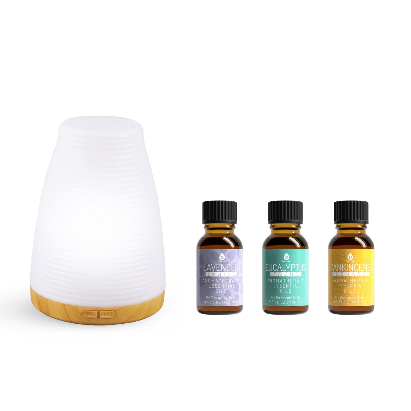 Pursonic Aromatherapy 2 in 1 USB Diffuser & Essential Oil Set-Ultrasonic Top 3 Oils-300ml with 2 Mist Settings 7 Ambient Light Settings