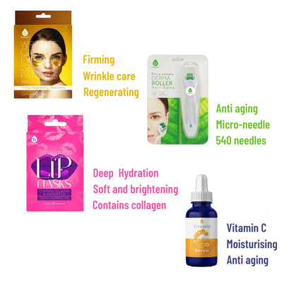 Ultimate Skincare Bundle: Vitamin C Serum (3 fl. oz), Wrinkle Care Eye Gel Patches, Hydrating Lip Masks (Pack of 6), and Micro Needle Derma Roller 0.5 mm