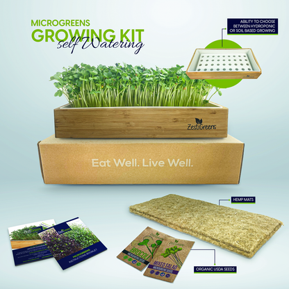 Microgreens Growing Kit Self Watering - Includes Microgreens Tray, 2 pkts of Microgreens Seeds, 2 Mats and Bamboo Surround. No Soil Needed. Easy to Set up. Sprouting Kit that water once. Guaranteed to Grow.