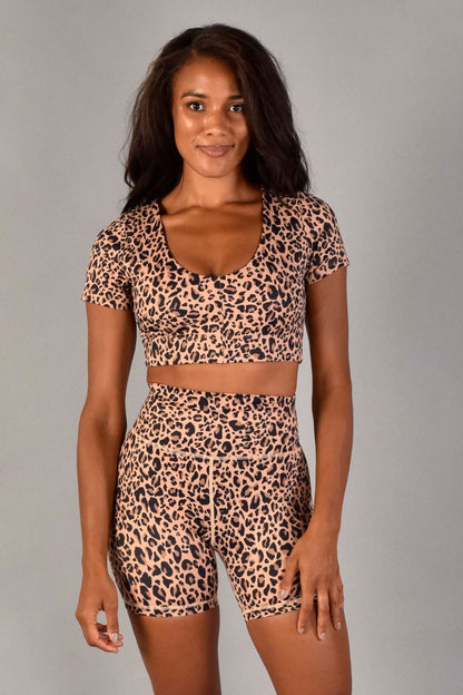 Audrey Recycled Luxe Short Sleeve Longline Bra in Nude Leopard