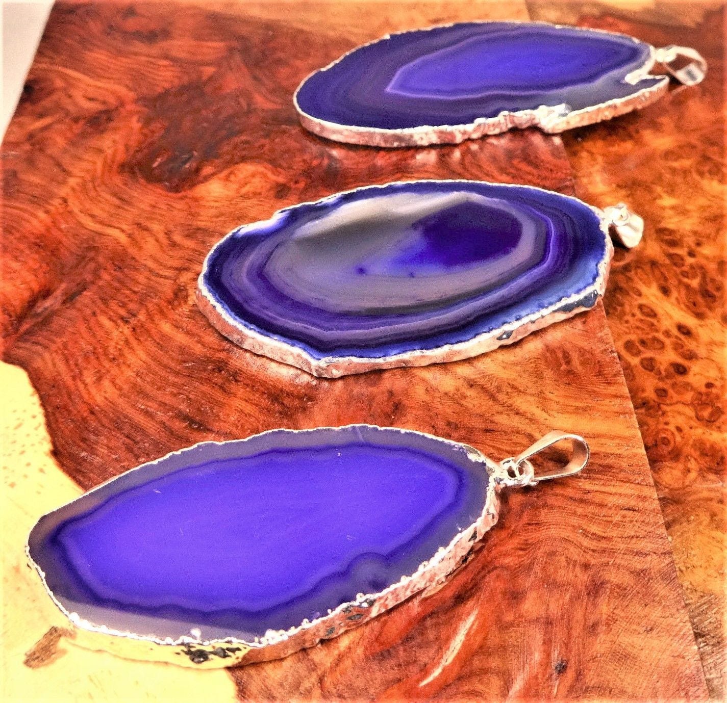 Purple Agate Slice Pendant (Silver Plated Edges) Polished Geode Slice Jewelry